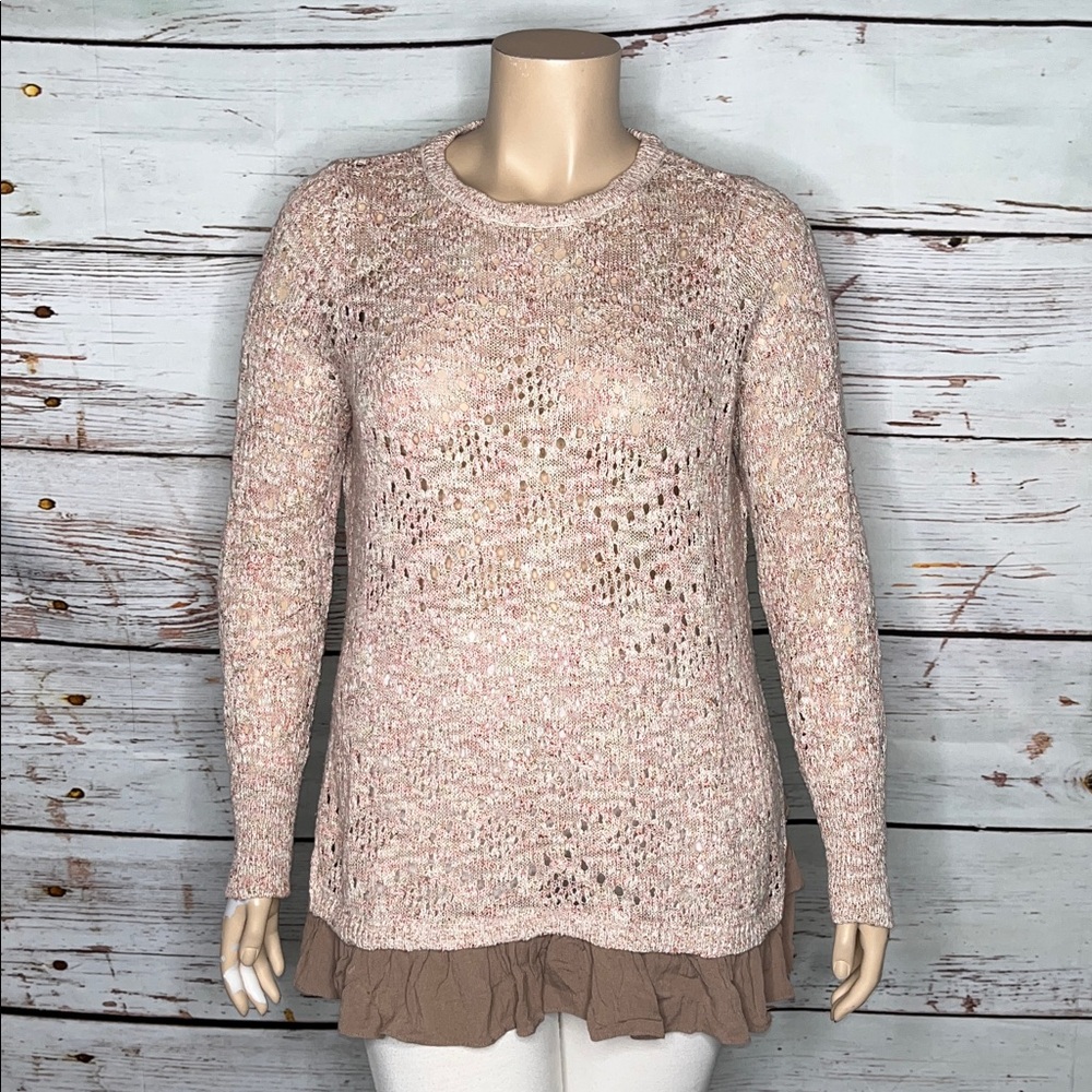 Knox Rose Size XXL Pink Crew Neck Layered Ruffle Hemline Open Weave Sweater Top